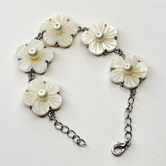 Genuine Pearl Bracelet with Mother of Pearl Petals and White Pearl Bracelet - Picture 1 of 13
